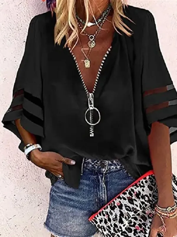 Women's Shirt Blouse Black White Yellow Plain Striped Zipper 3/4 Length Sleeve Daily Holiday Basic Business Casual V Neck S