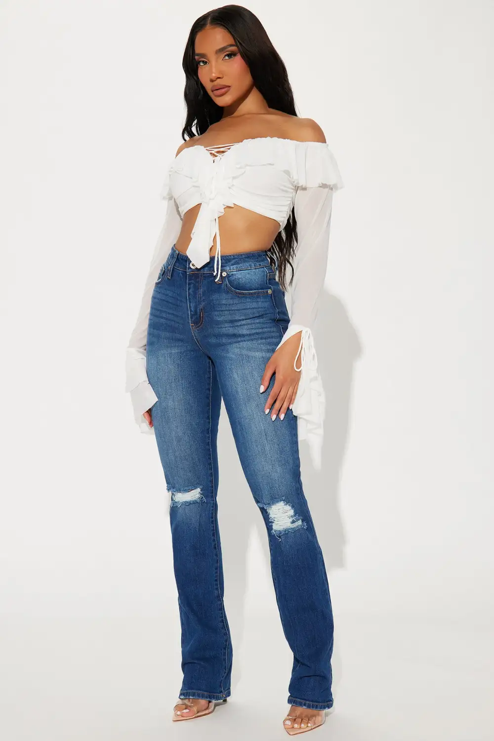Down To Business Stretch Ripped Bootcut Jeans - Medium Wash