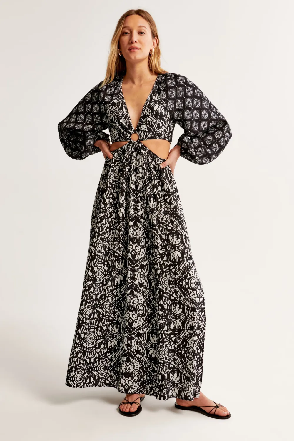 Long-Sleeve Plunge Cutout Maxi Dress