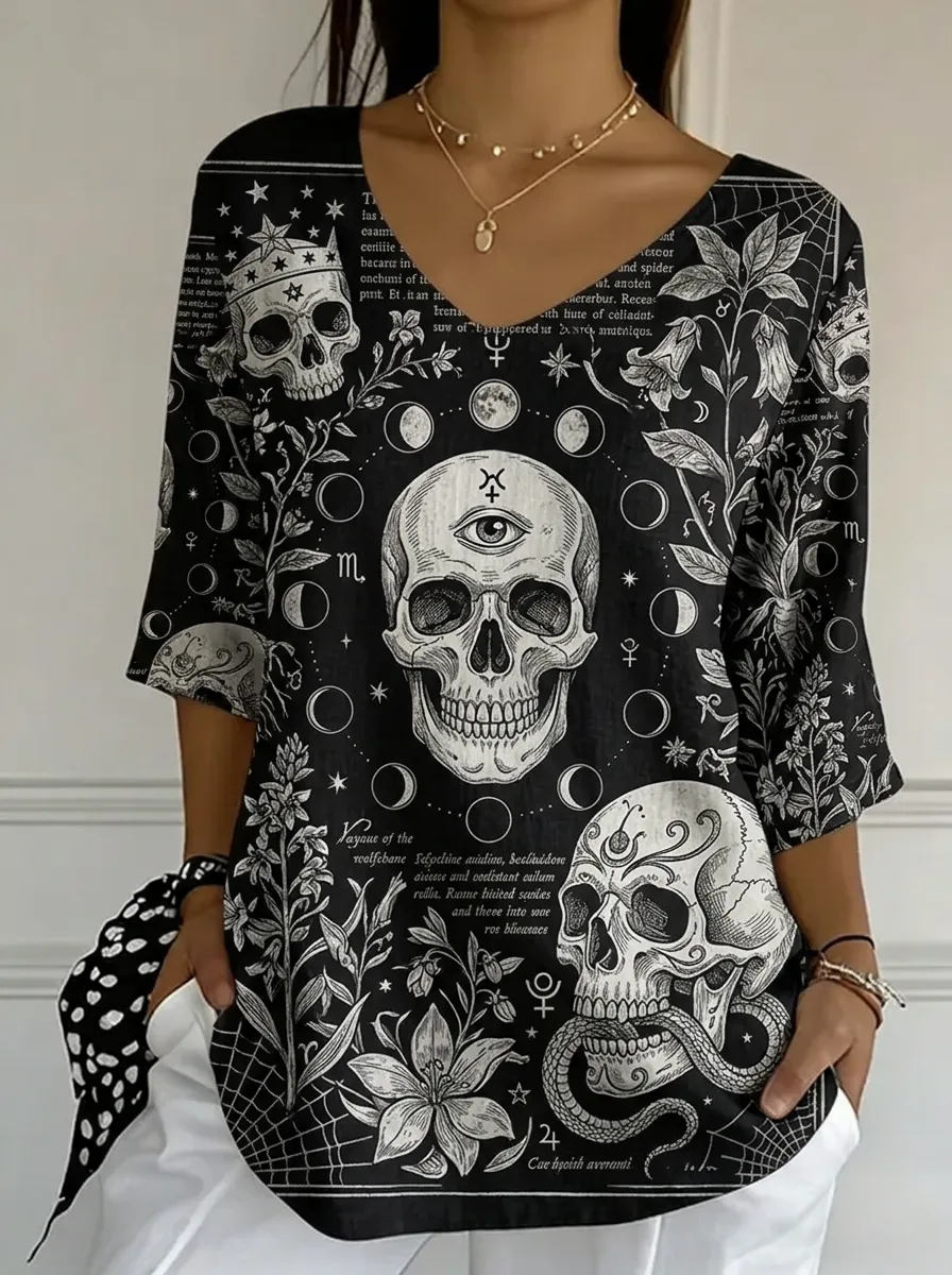 Women's Gothic Skull Moon Floral Printed V-Neck Top