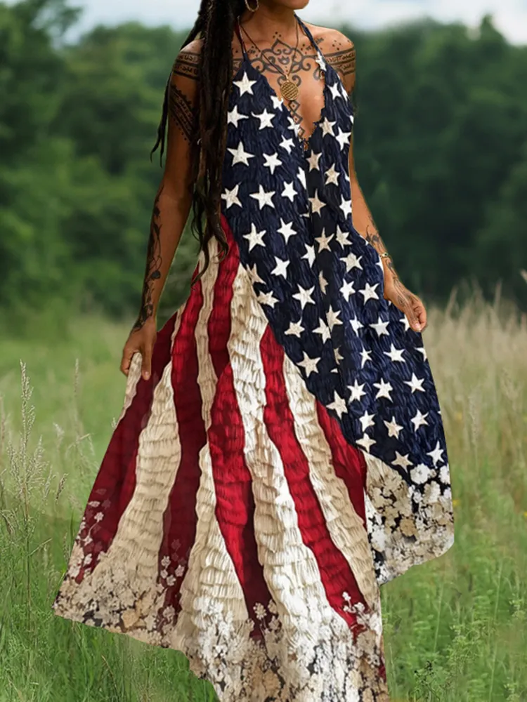 Independence Day Flag Floral Art Inspired Patchwork Maxi Dress
