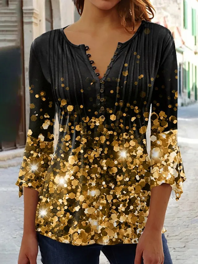 Women's Plus Size Shirt T shirt Tee Blouse Graphic Polka Dot Flower Denim Blue Grass Green Black Button Print Long Sleeve Casual Weekend Basic Round Neck Regular Fit Spring Fall