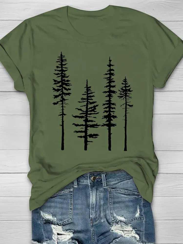 Pine Tree Printed Casual T-Shirts