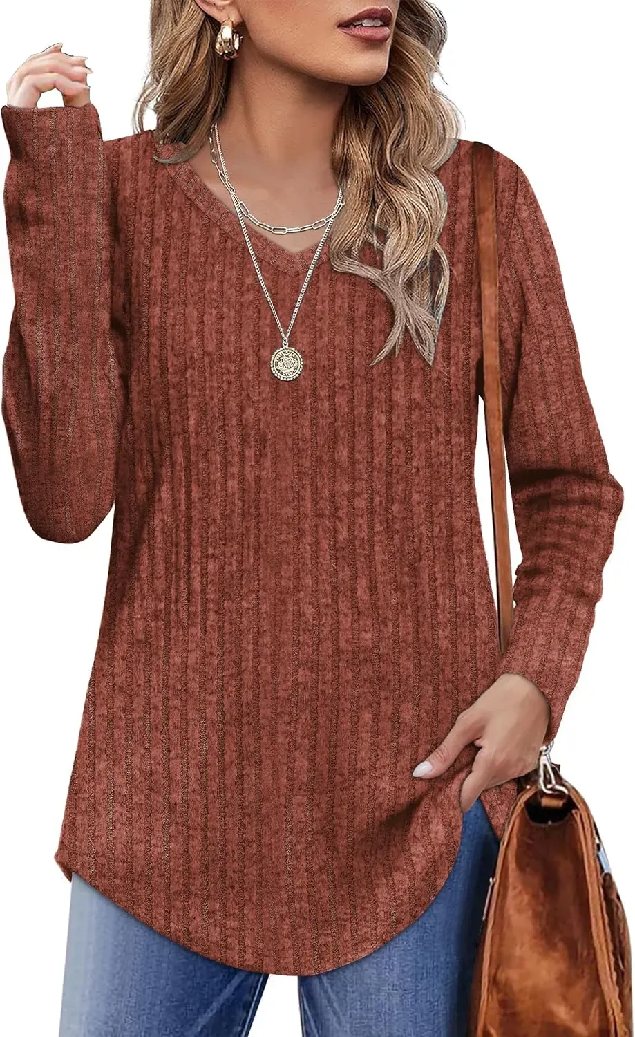 OFEEFAN Long Sleeve Shirts for Women Lightweight Crew Neck Casual Tunic Tops