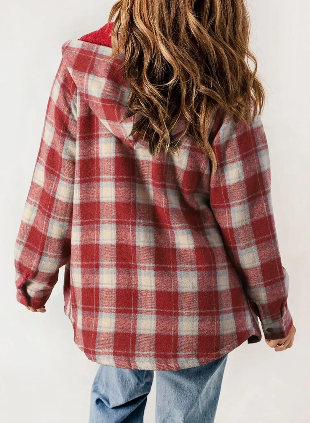 Womens Plaid Shacket Jacket Long Sleeve Button Down Fleece Hooded Jackets Warm Coat