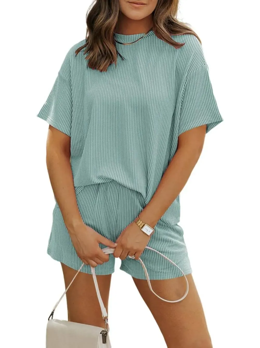Women'S Crew Neck Ribbed Textured Shorts Set