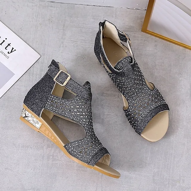 Women's Sandals Wedge Sandals Plus Size Party Outdoor Work Summer Spring Rhinestone Wedge Heel Peep Toe Elegant Classic Casual Faux Leather Zipper Solid Color Black Gold Beige
