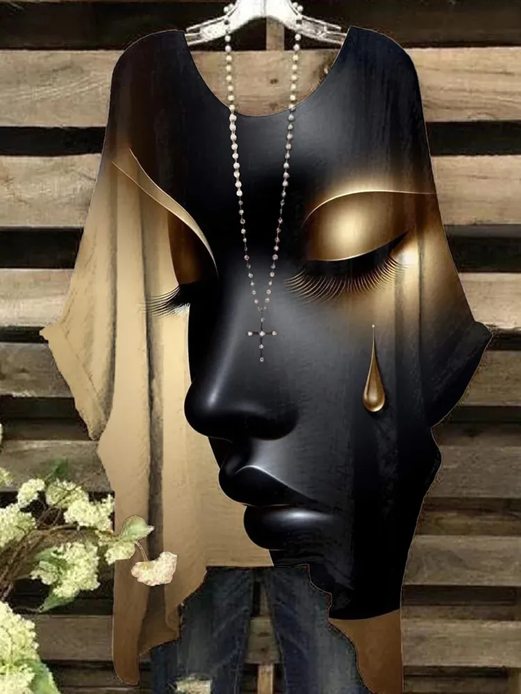 Round Neck Cotton Golden Tears Girl Art Painting Irregular Shirt