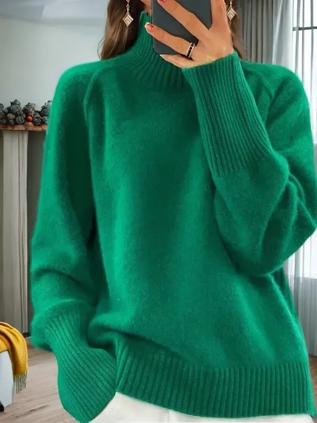 Women's Sweater Pullover Sweater Jumper Turtleneck Knit Knitted Raglan Sleeves Spring Fall Home Daily Holiday Daily Casual Soft Long Sleeve Pure Color White Light Green