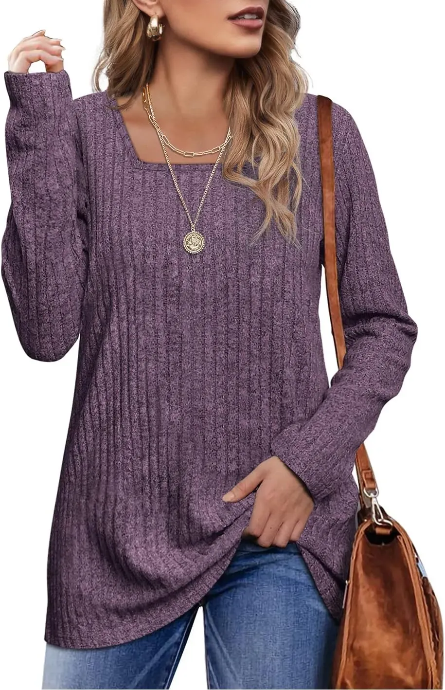 OFEEFAN Long Sleeve Shirts for Women Lightweight Crew Neck Casual Tunic Tops