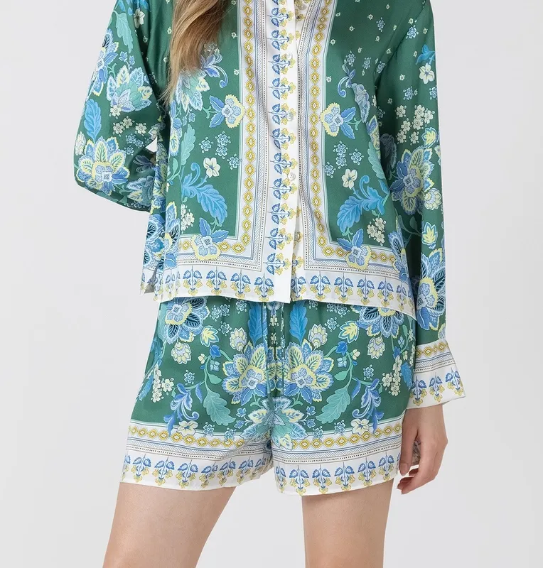 Silky Button Front Long Sleeve Blouse