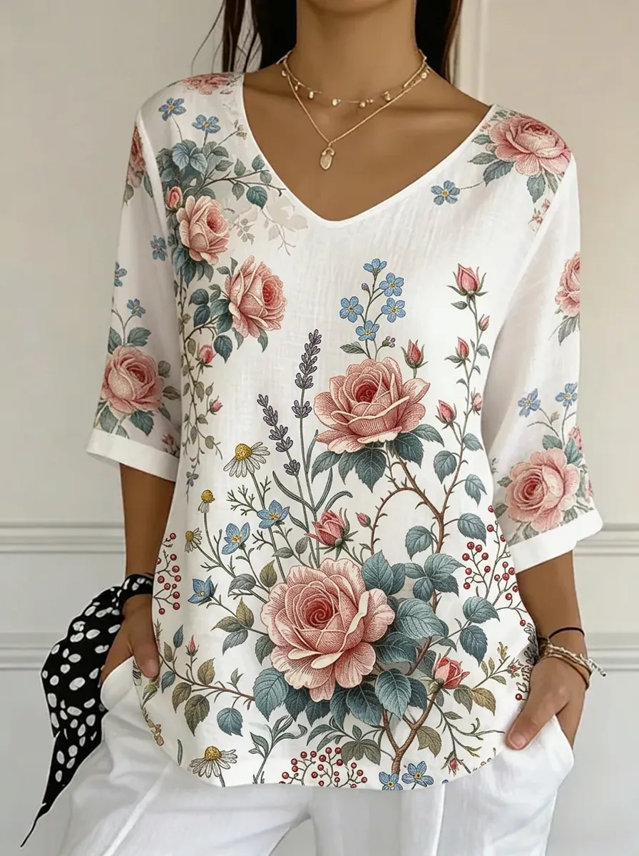 Women's Nashville Floral Rose Botanical Printed V-neck Top