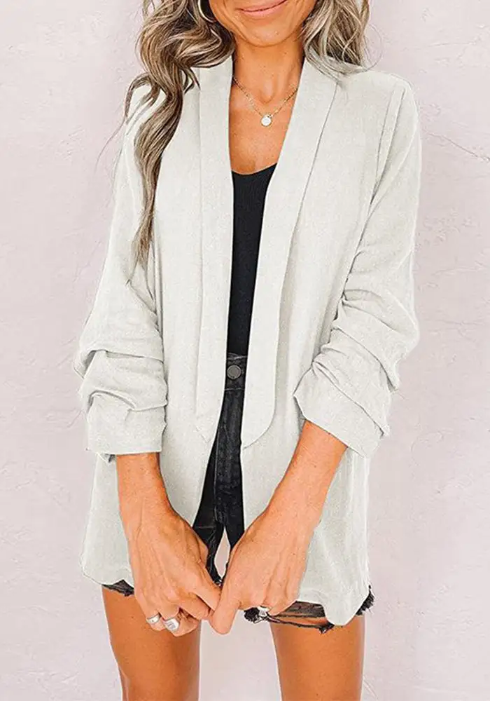Plain Shawl Collar Ruched Sleeve Blazer