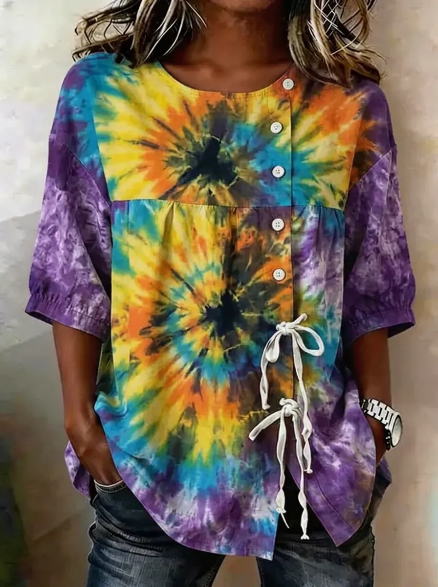 Women's Nashville Music Tie-Dye Printed Button-Down Top