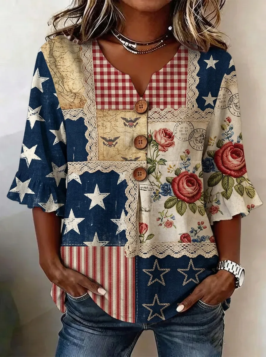 Women's Nashville USA Flag Rose Patchwork Printed V-Neck Top