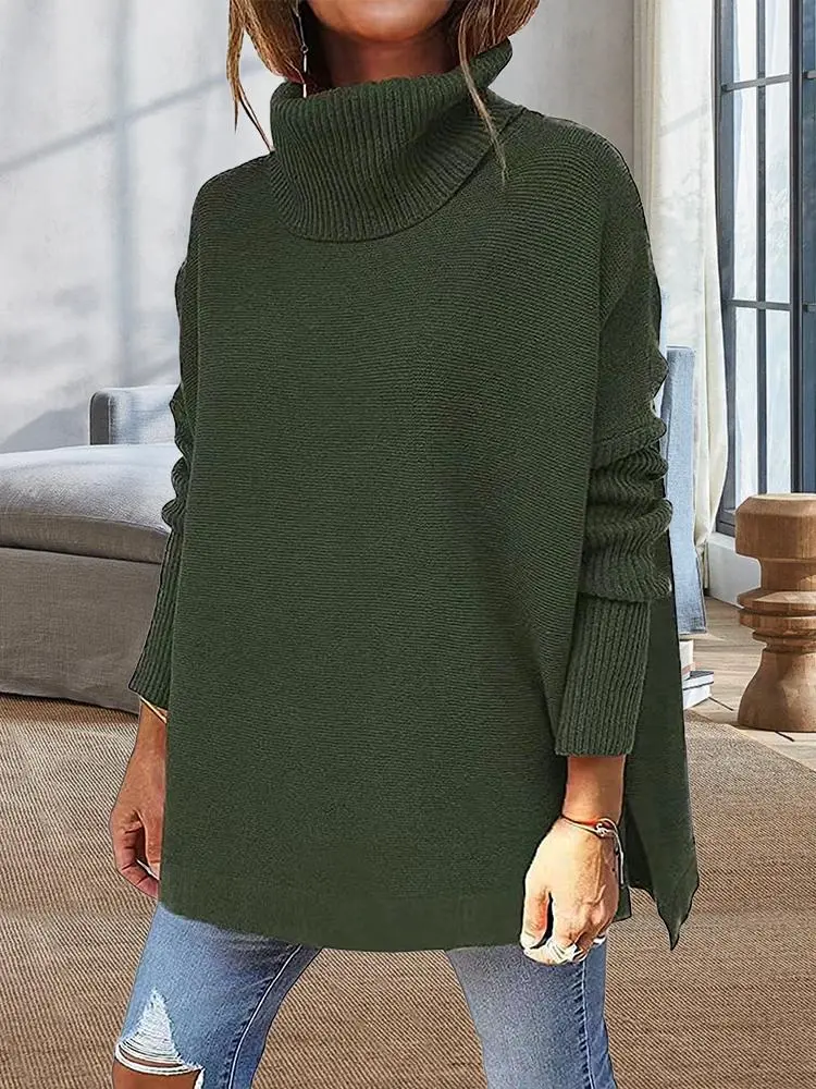Midi Bat Sleeve Hem Tunic Sweater Knitted In A Turtleneck Sweater