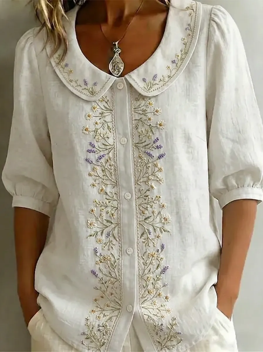 Women's Nashville Floral Embroidered Peter Pan Collar Linen Shirt