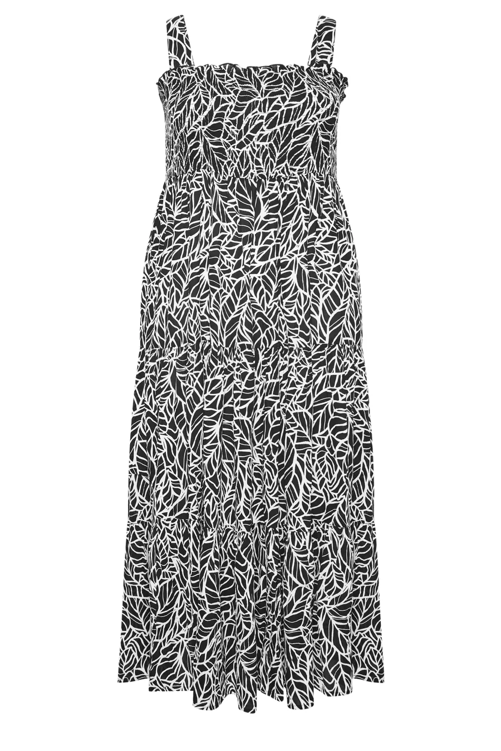 YOURS Curve Black Leaf Print Shirred Maxi Dress