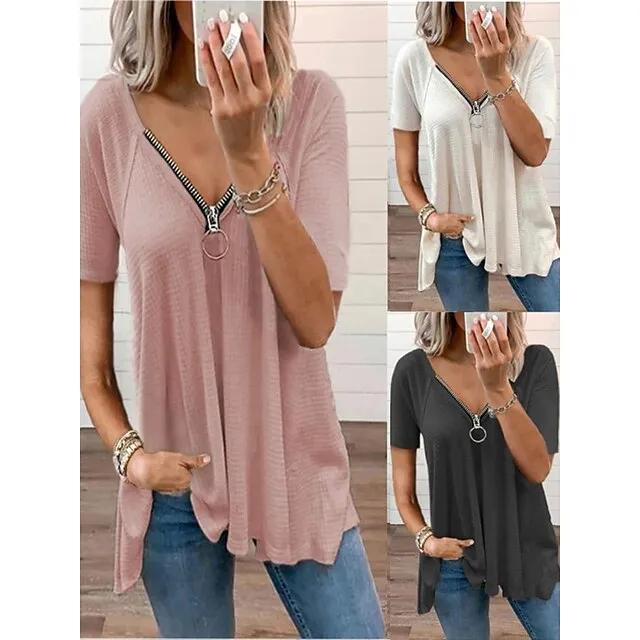 Women's T shirt Tee White Pink Light Grey Plain Short Sleeve Casual Daily Basic V Neck Regular S