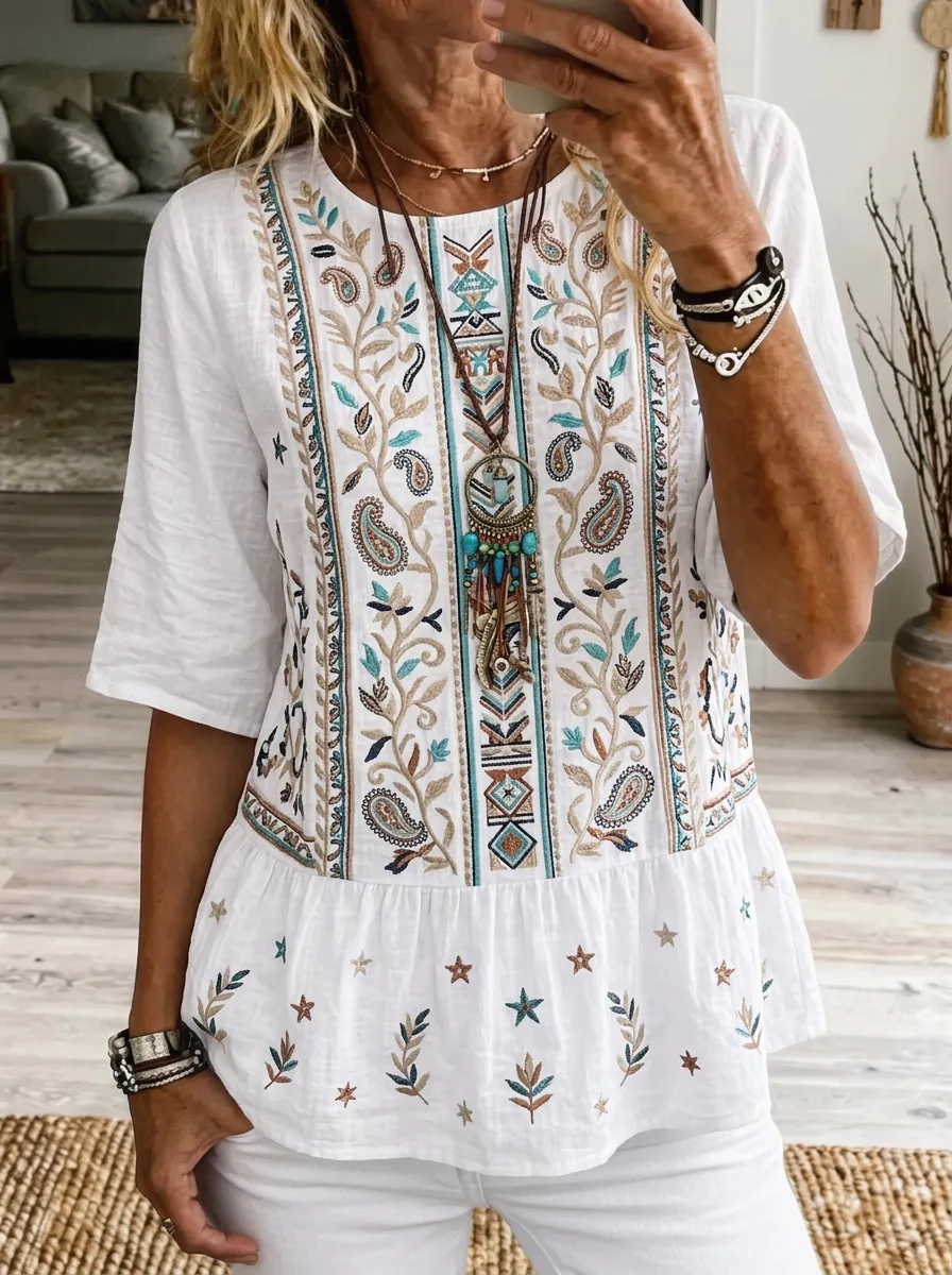 Women's Nashville Western Paisley Floral Embroidered Printed Top