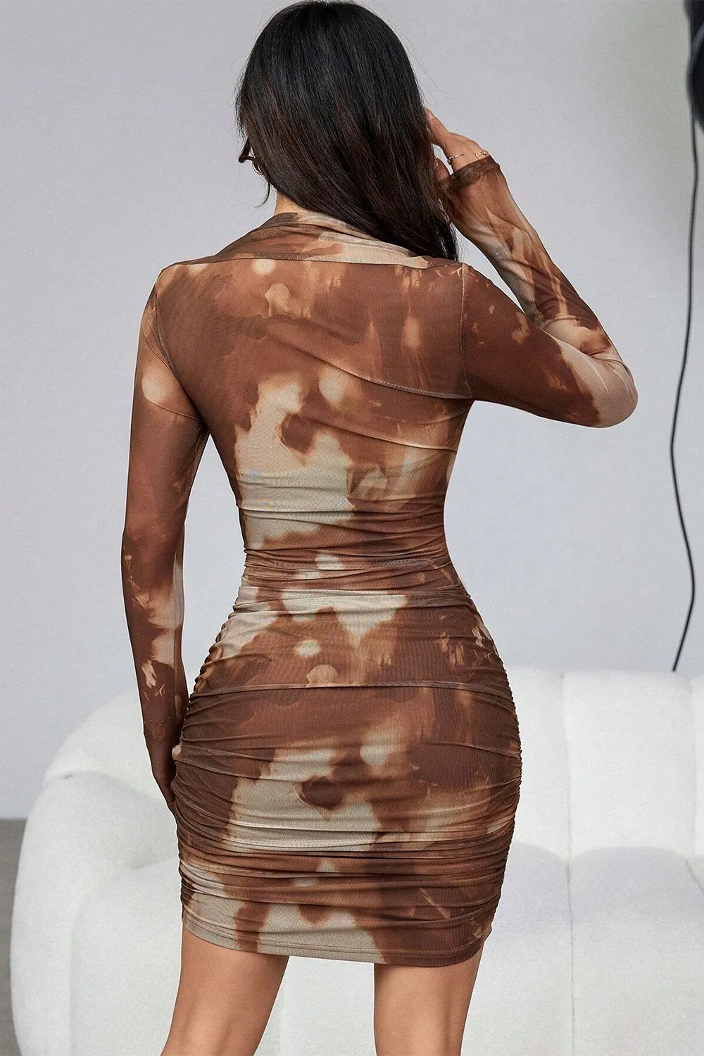 Random Printed Mesh Long Sleeve Dress