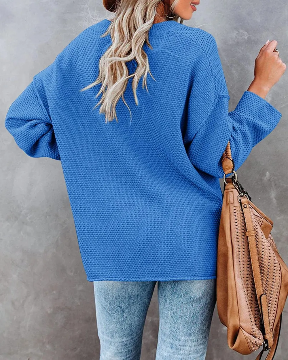 Women's Oversized Sweaters Batwing Long Sleeve Loose V Neck Button Henley Tops Pullover Knit Jumper