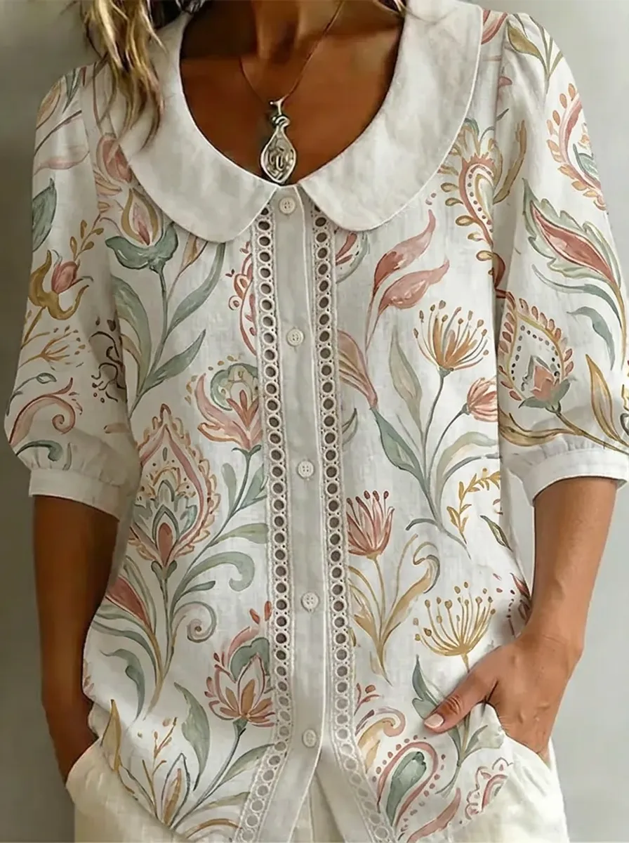 Women's Nashville Floral Botanical Printed Peter Pan Collar Shirt
