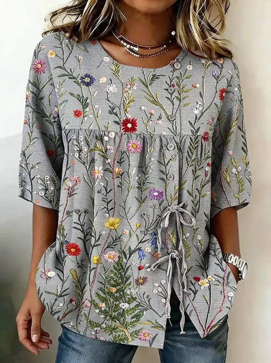 Women's Nashville Wildflower Botanical Printed Button-Down Top