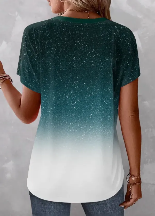 Turquoise Button Ombre Short Sleeve V Neck Blouse