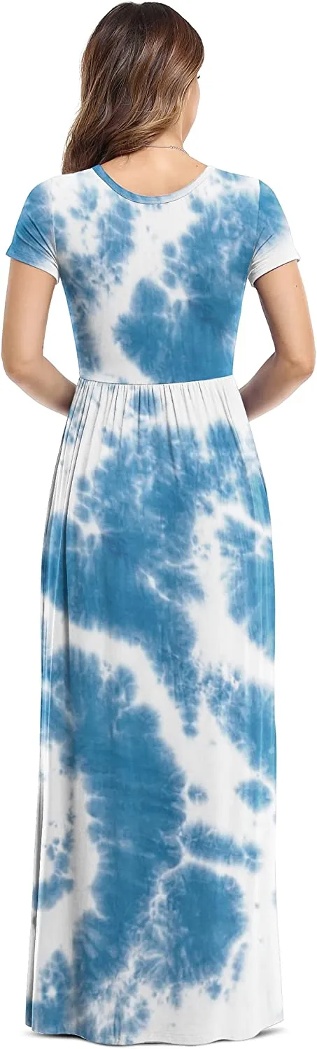 Women's Short Sleeve Loose Plain Maxi Dresses Casual Long Dresses with Pockets