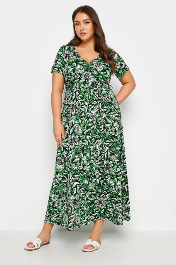 YOURS Curve Black Leaf Print Tiered Maxi Dress