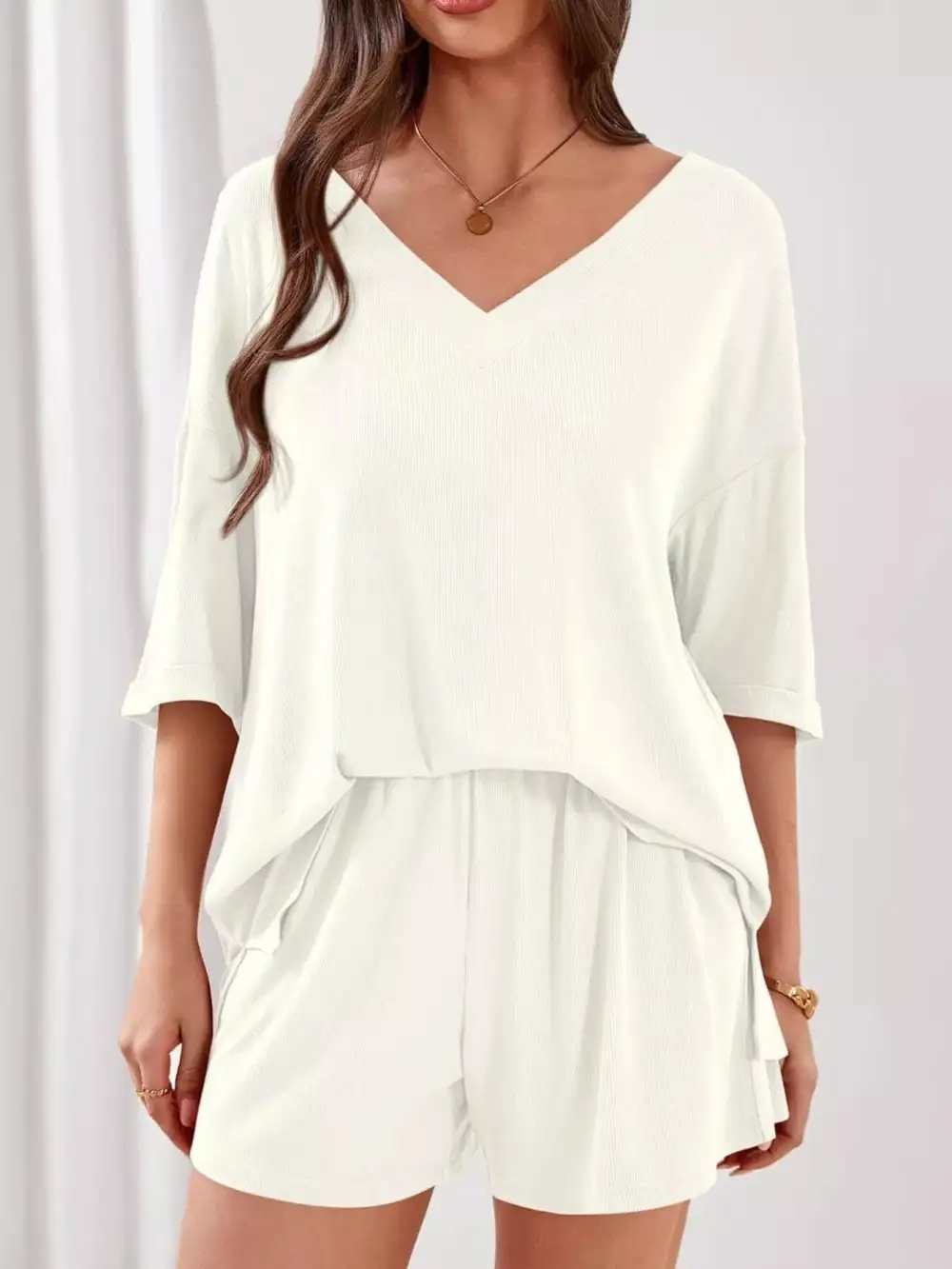 Casual V Neck Top Shorts Set