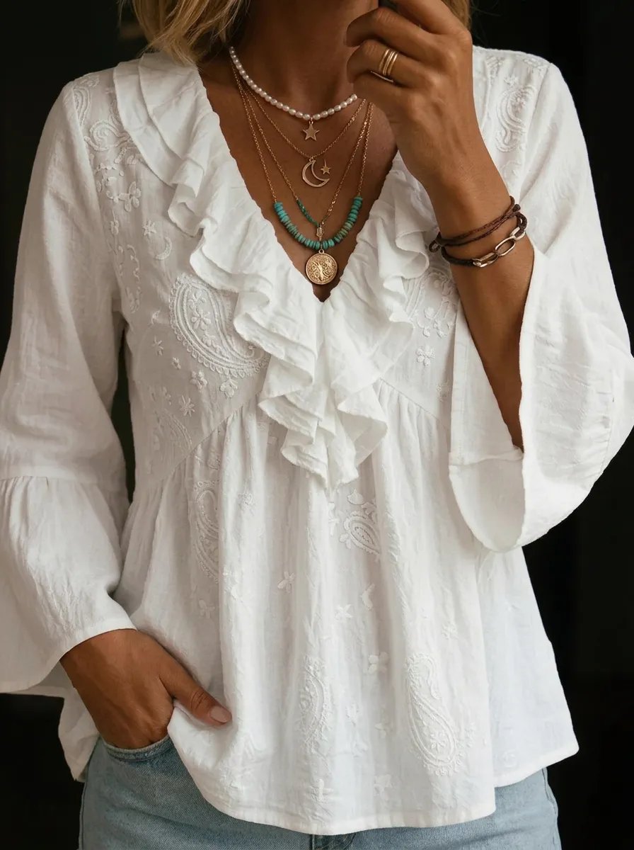 Women's Nashville Country Style Paisley Embroidered Ruffle Printed Top