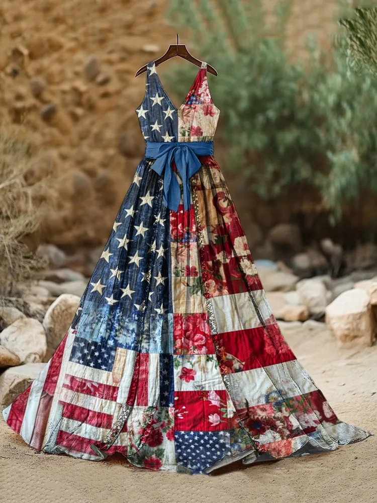 Women's Vintage Independence Day Flag Print V Neck Midi Dress