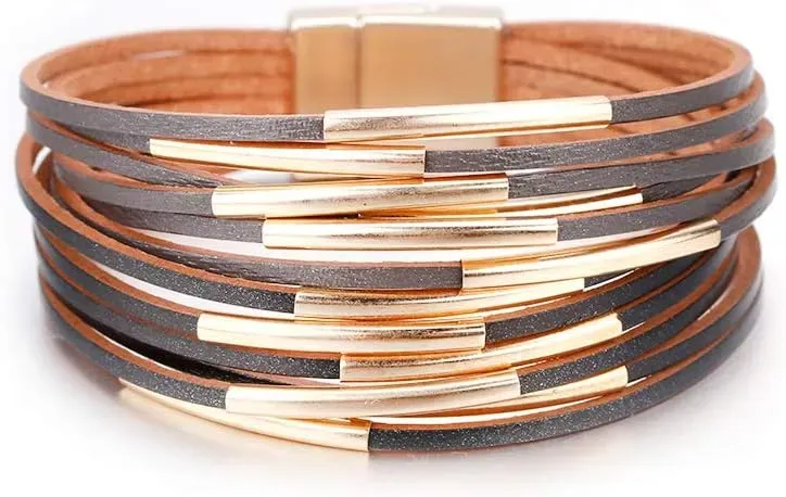 Fesciory Leather Wrap Bracelets for Women, Boho Leopard Multi-Layer Crystal Beads Cuff Bracelet Jewelry