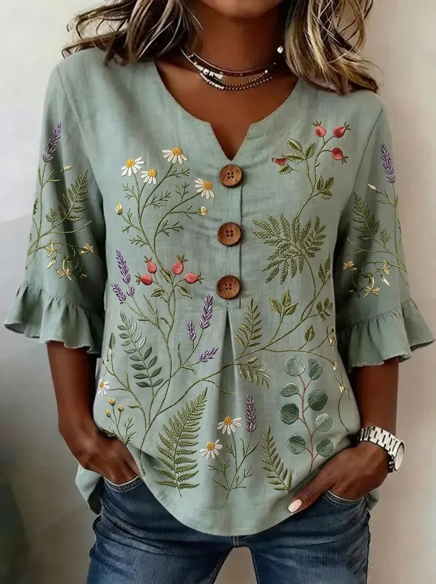 Women's Nashville Botanical Floral Embroidered Buttoned Top