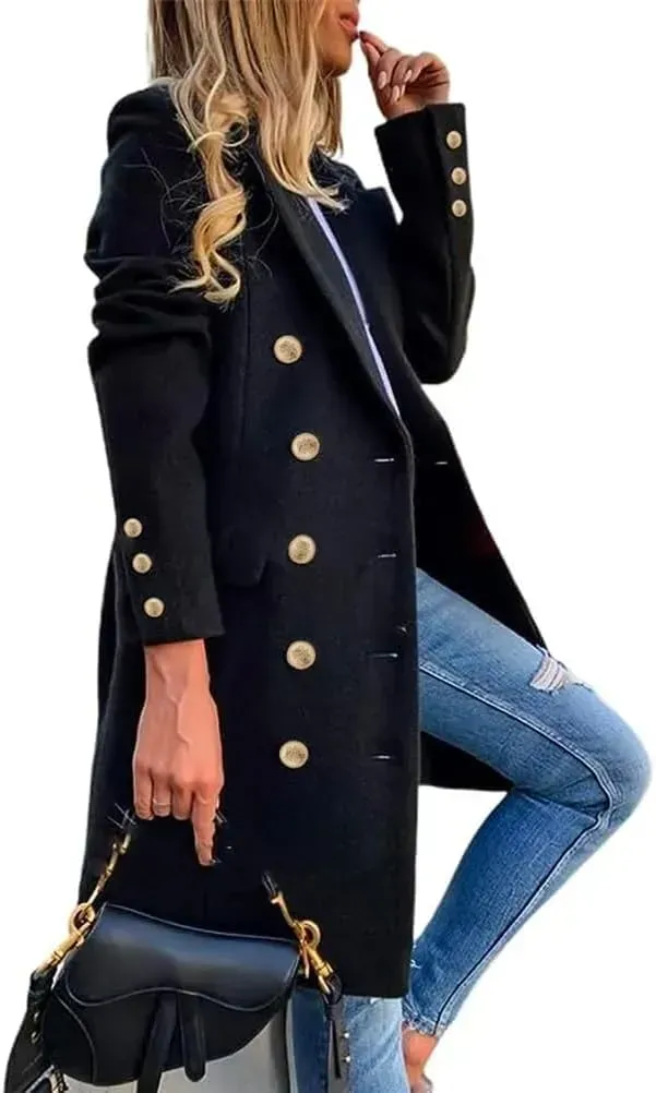 Womens Fall Winter Wool Coats Double Breasted Midi Peacoat Trench Coats