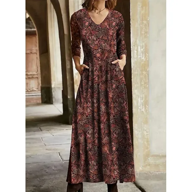 Women's Winter Dress T Shirt Dress Tee Dress Floral Tribal Pocket V Neck Long Dress Maxi Dress Vintage Ethnic Daily Long Sleeve Fall Winter