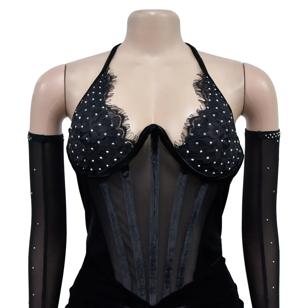Rhinestone Decor Halter Corset Slit Fishtail Hem Gowns Maxi Dresses-Black