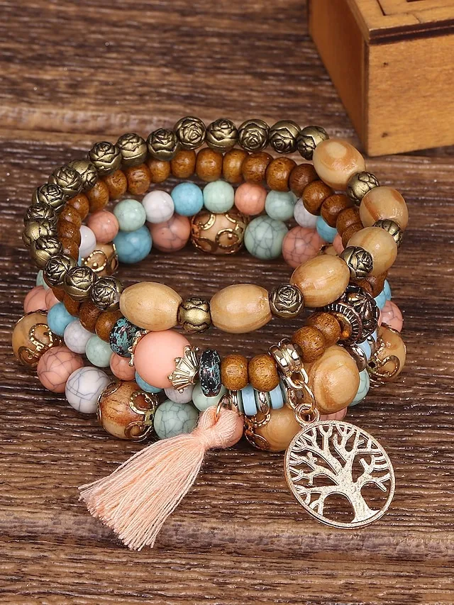 Women's Bead Bracelet Vintage Bracelet Layered Fashion Tree of Life Flower Elegant Fashion Personalized Tassel Bohemian Alloy Bracelet Jewelry For Gift Holiday Date Beach Festival