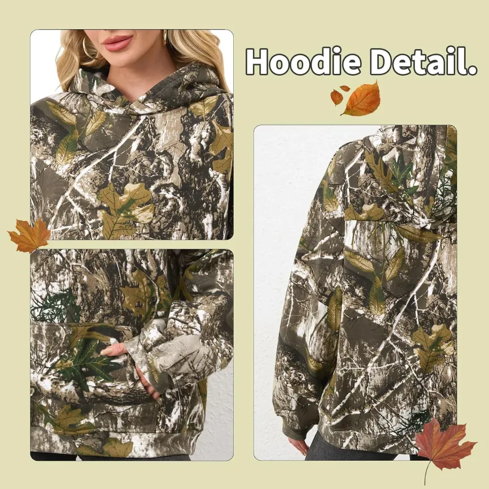 Womens Camo Hoodies Maple Leaf Print Oversized Hooded Sweatshirt Fleece Pullover Sweatshirts Long Sleeve with Pocket