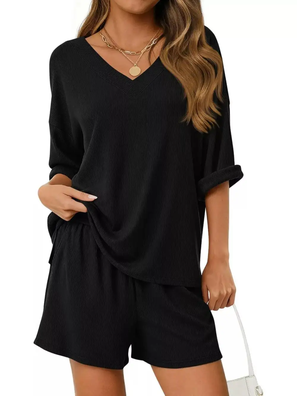 Casual V Neck Top Shorts Set