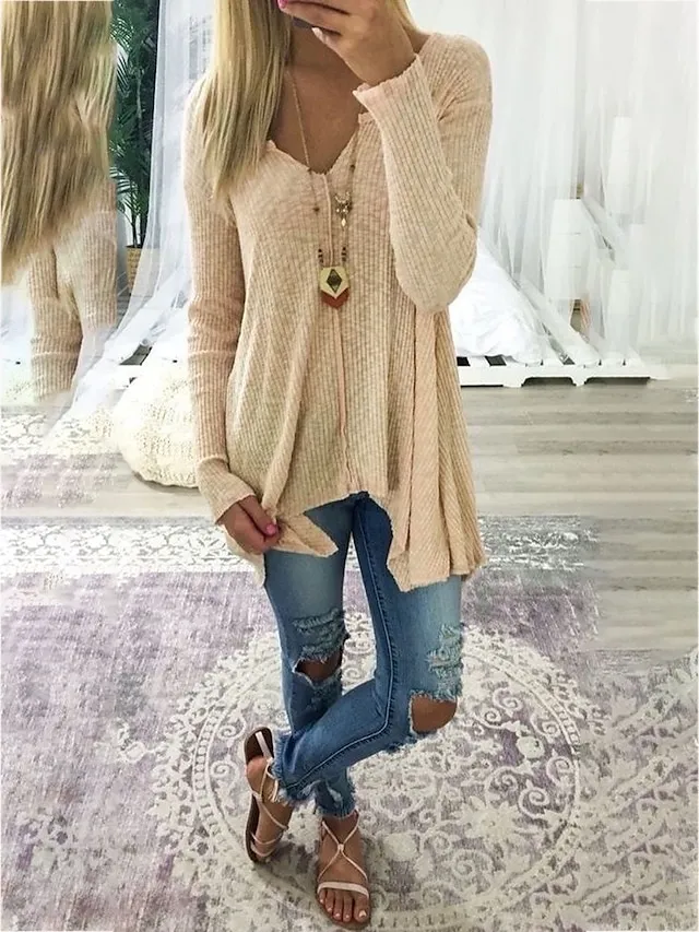 Women's Pullover Sweater Knitted Solid Color Basic Casual Long Sleeve Sweater Cardigans V Neck Fall Winter Spring Blue Blushing Pink Gray