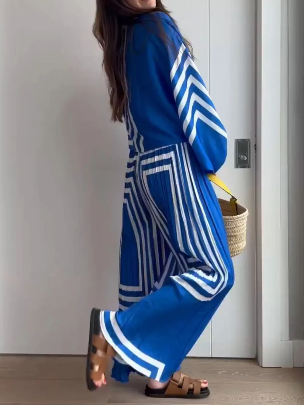 Women's Sets Striped Print Long Sleeve Shirt & Wide Leg Pants Two-Piece Set