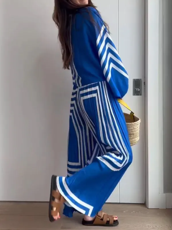 Women's Sets Striped Print Long Sleeve Shirt & Wide Leg Pants Two-Piece Set
