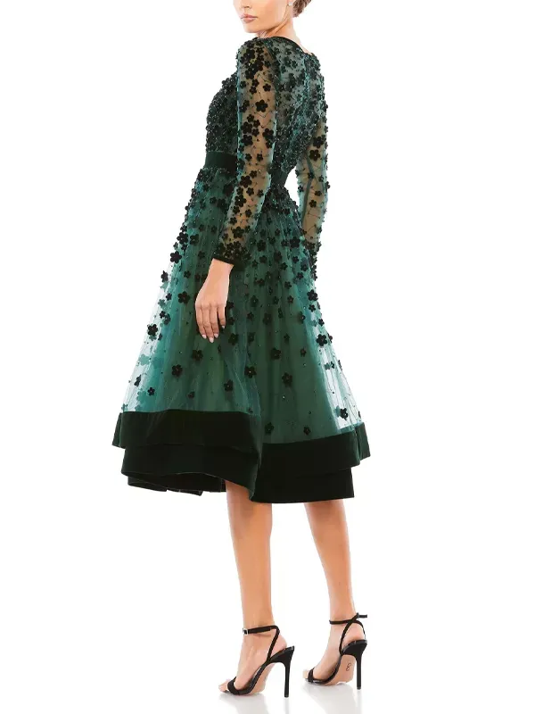Embellished Sheer Long Sleeve A-Line Midi Dress