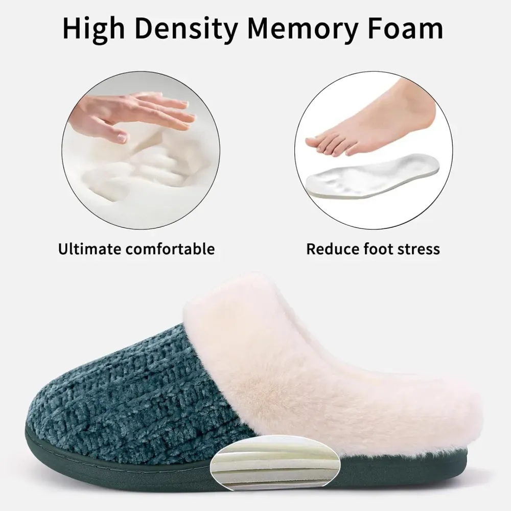 Warm Knit House Slippers for Women Comfy Wool-Like Lined Chenille Slippers with Memory Foam and Indoor Outdoor Soles