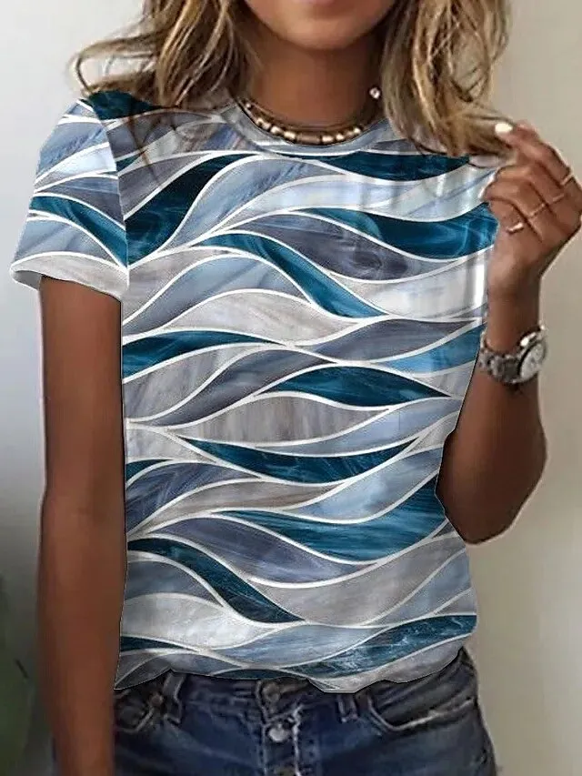 Women's T shirt Tee Grass Green Black Yellow Graphic Abstract Print Short Sleeve Daily Weekend Vintage Basic Round Neck Regular Geometric S