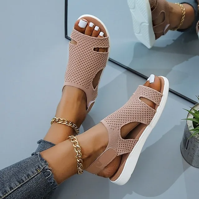 Women's Sandals Plus Size Flyknit Shoes Outdoor Daily Walking Summer Flat Heel Open Toe Sporty Casual Walking Shoes Tissage Volant Magic Tape Solid Color Solid Colored Almond Light Blue