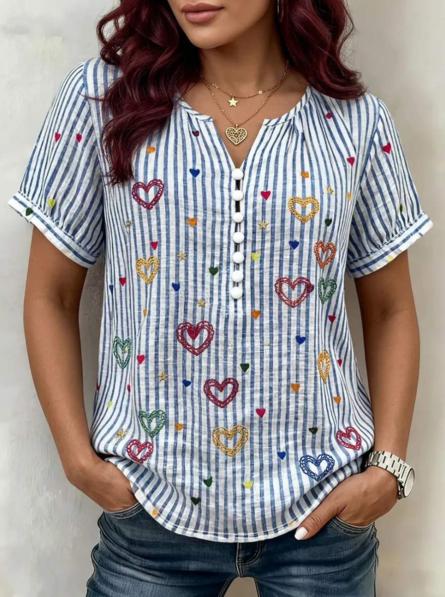 Women's Nashville Heart Lover Striped Colorful Hearts Printed Top